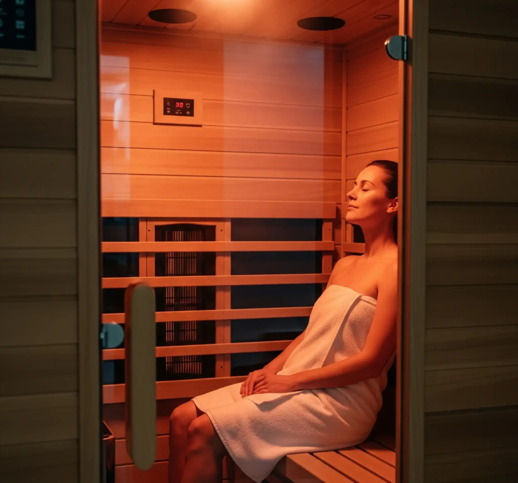 Cancer patient using infrared sauna therapy for relaxation and wellness support.