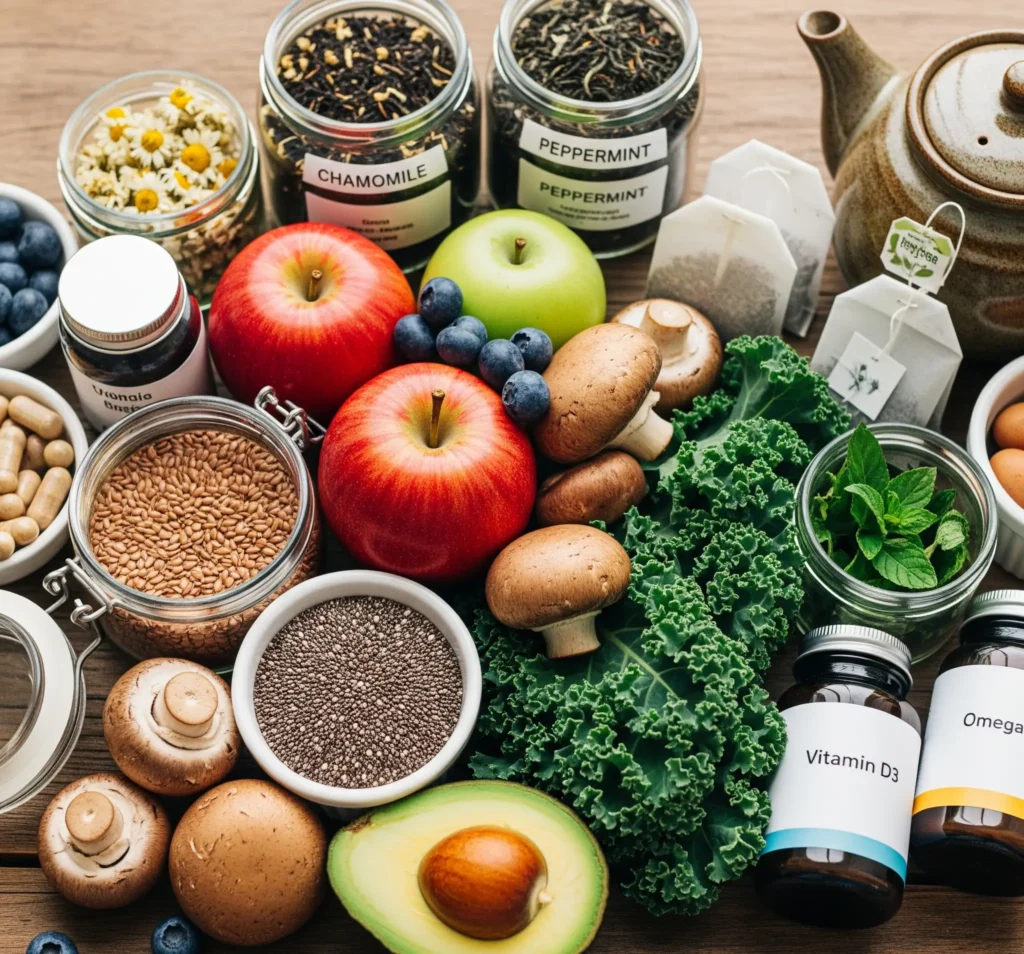 Nutritional supplements and healthy foods for naturopathic support in cancer care.