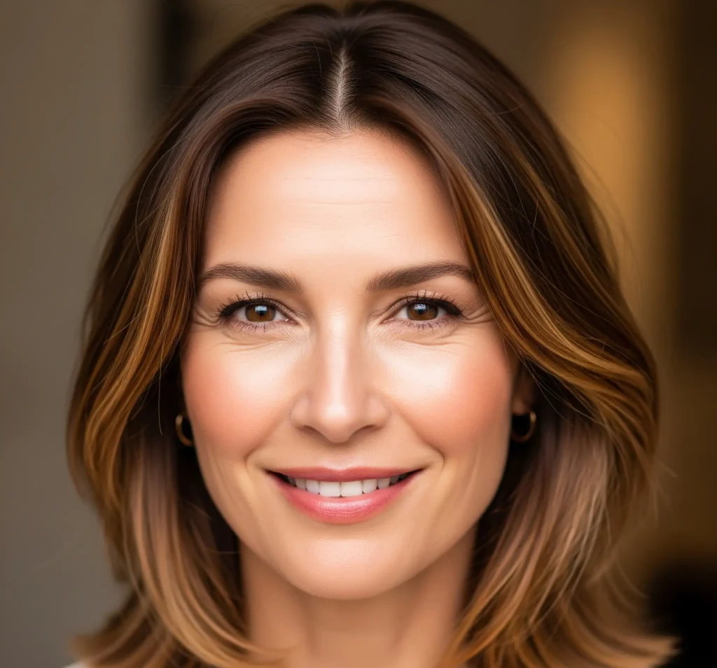 Woman in her 40s smiling with clear, healthy skin.