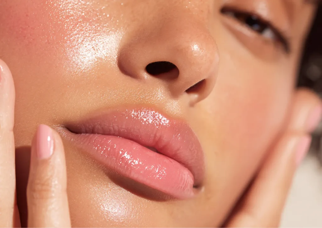 Close-up of hydrated, glowing skin showing improved radiance and smooth texture after hydration-focused treatments.