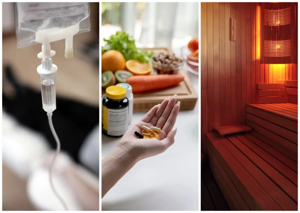 Wellness treatments including IV therapy, supplements, and infrared sauna illustrating internal support for healthy, radiant-looking skin.