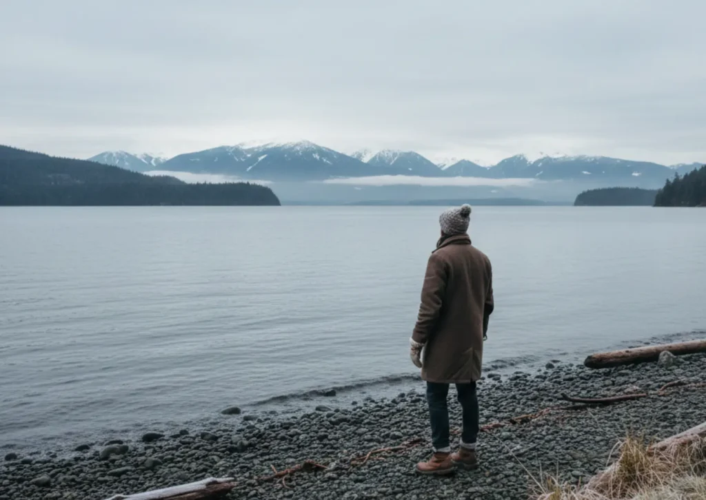 Gentle winter light along the Pacific Northwest shoreline, symbolizing seasonal changes in energy and mood.