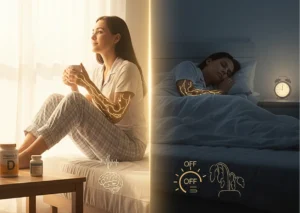 A cozy at-home setting: a cup of herbal tea, warm textiles, soft lighting, a book, or someone journaling. Emphasizes grounding winter rituals.