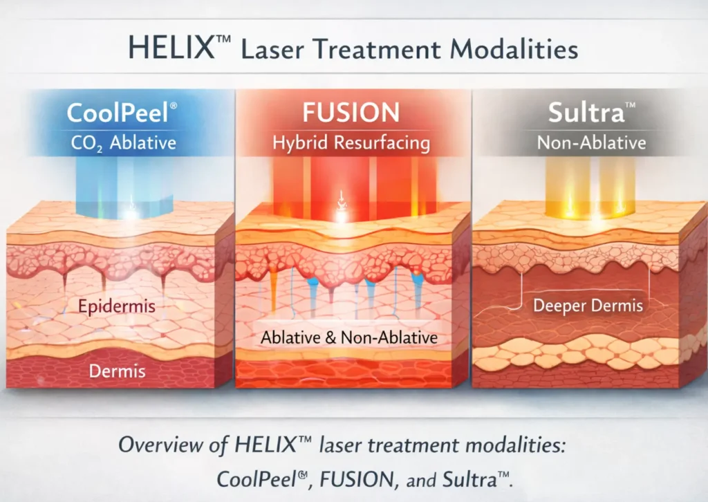 Diagram showing CoolPeel, FUSION, and Sultra modalities in HELIX laser platform