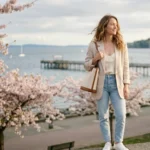 Radiant woman with glowing hydrated skin during spring in White Rock near the ocean promenade