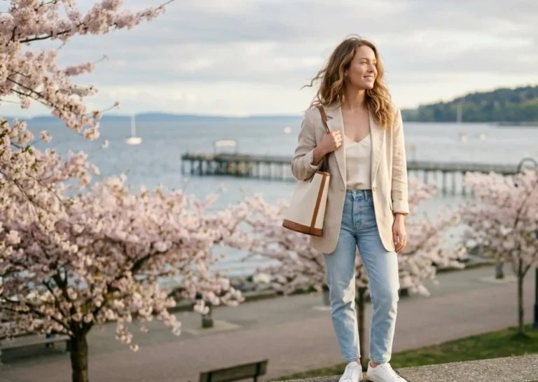 Radiant woman with glowing hydrated skin during spring in White Rock near the ocean promenade