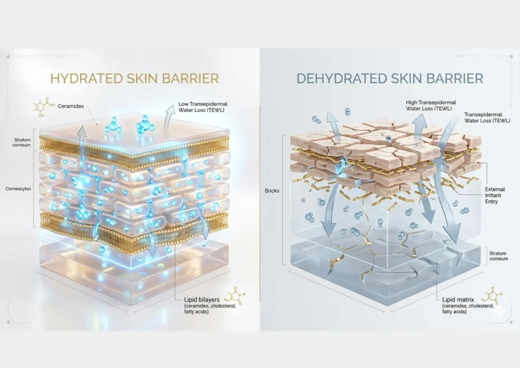 Skin barrier illustration showing hydrated versus dehydrated skin layers and moisture retention