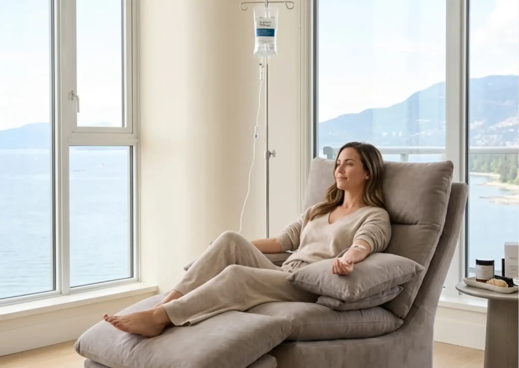 Woman receiving IV nutrient therapy in a modern wellness clinic with natural light in White Rock