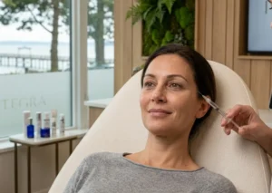 Under-eye rejuvenation consultation at Natural Beauty Clinic in White Rock BC using regenerative aesthetic treatments for dark circles and skin quality.