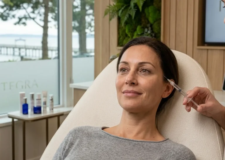 Under-eye rejuvenation consultation at Natural Beauty Clinic in White Rock BC using regenerative aesthetic treatments for dark circles and skin quality.