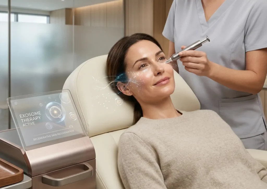 Exosome regenerative therapy for under-eye skin rejuvenation and collagen support at Natural Beauty Clinic.