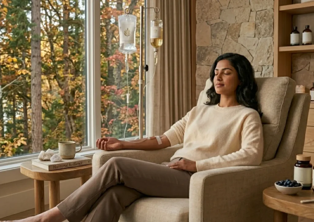 Woman receiving intravenous nutrient therapy for stress resilience and nervous system support in White Rock BC